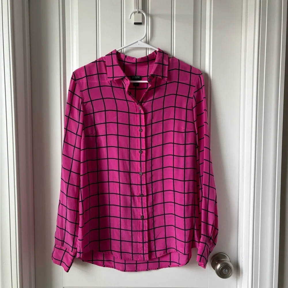 J.Crew 100% Silk Boy Shirt Blouse Fuchsia Pink Black Windowpane Plaid - Size S